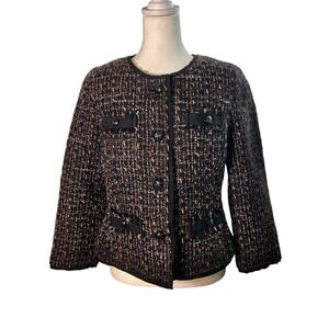 Talbots Blazer Size‎ 10P Petite Black Red Tweed Wool Blend Fringe Trim Pockets